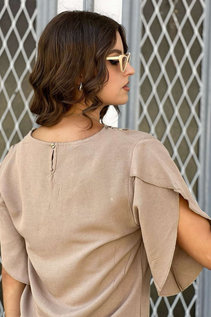 ONE COLOR V NECK WOMEN T-SHIRT BEIGE/BEZHE - 3