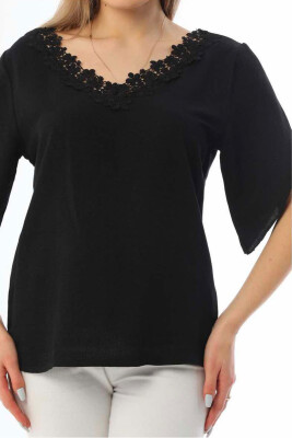 ONE COLOR V NECK WOMEN T-SHIRT BLACK/ E ZEZE 