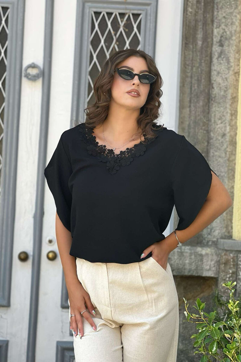 ONE COLOR V NECK WOMEN T-SHIRT BLACK/ E ZEZE - 4