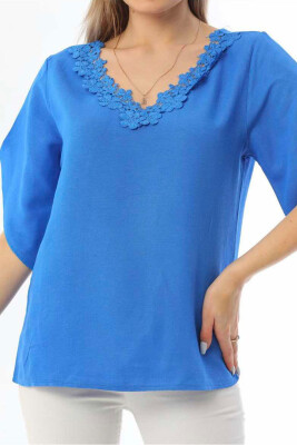 ONE COLOR V NECK WOMEN T-SHIRT BLUE/BLU 