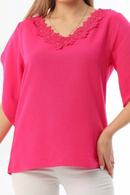 ONE COLOR V NECK WOMEN T-SHIRT FUCHSIA/CIKLAMI 