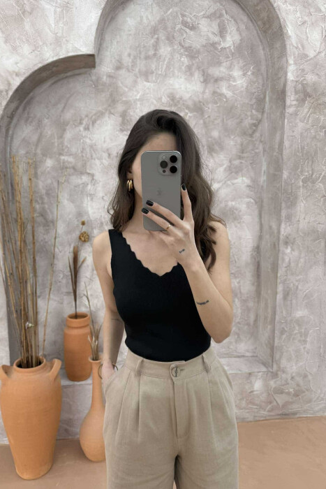 ONE COLOR V NECK WOMEN TANK TOP BLACK/ E ZEZE 