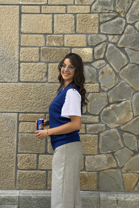 ONE COLOR V NECK WOMEN VEST BLUE/BLU - 12