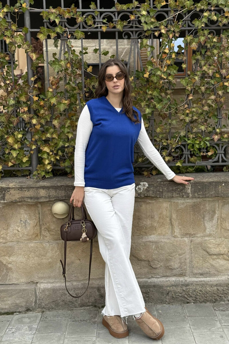 ONE COLOR V NECK WOMEN VEST BLUE/BLU - 2