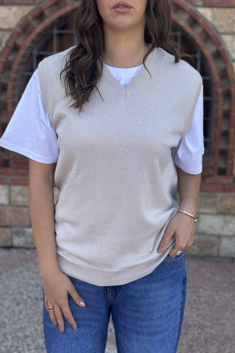 ONE COLOR V NECK WOMEN VEST CREAM/KREM - 7