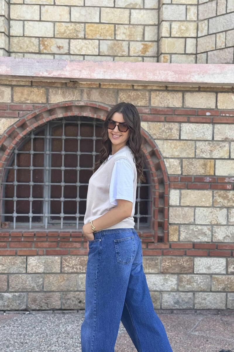 ONE COLOR V NECK WOMEN VEST CREAM/KREM - 8