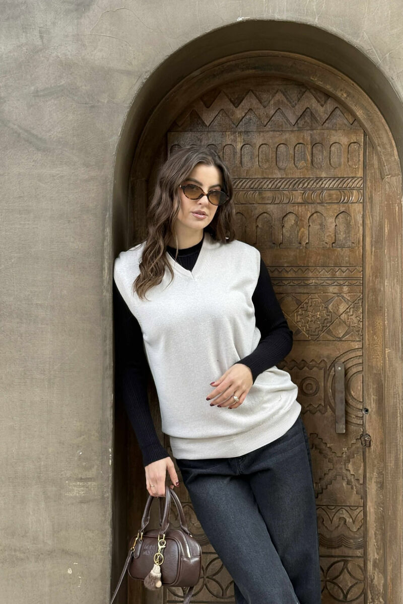 ONE COLOR V NECK WOMEN VEST CREAM/KREM - 2