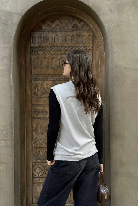 ONE COLOR V NECK WOMEN VEST CREAM/KREM - 5