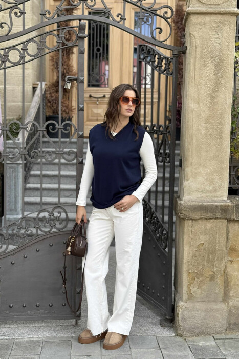 ONE COLOR V NECK WOMEN VEST DARK BLUE/BEE - 2