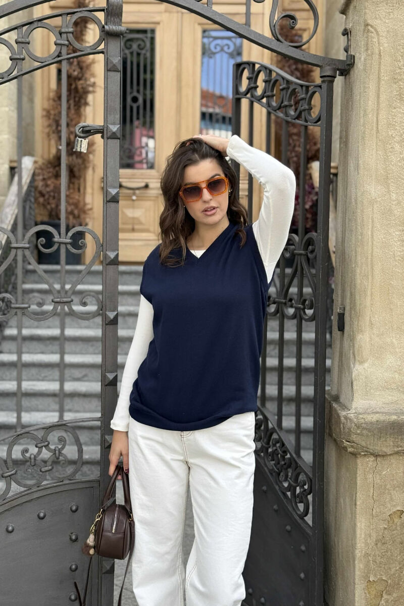 ONE COLOR V NECK WOMEN VEST DARK BLUE/BEE - 3