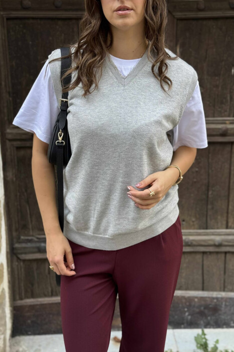ONE COLOR V NECK WOMEN VEST GREY/GRI - 9
