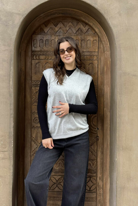 ONE COLOR V NECK WOMEN VEST GREY/GRI - 1