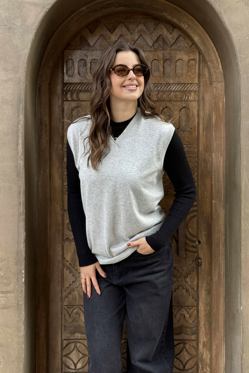 ONE COLOR V NECK WOMEN VEST GREY/GRI - 2