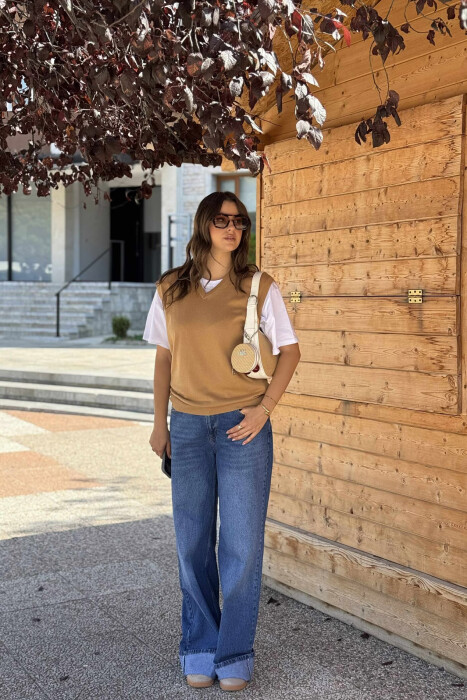 ONE COLOR V NECK WOMEN VEST LIGHT BROWN/KAZB - 6