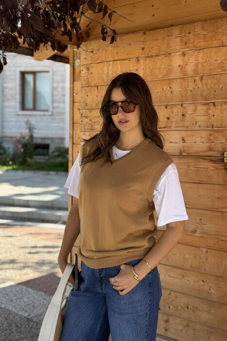 ONE COLOR V NECK WOMEN VEST LIGHT BROWN/KAZB - 7
