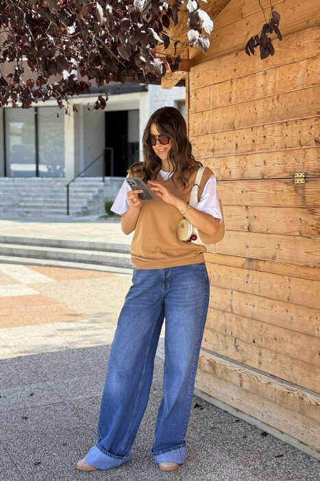 ONE COLOR V NECK WOMEN VEST LIGHT BROWN/KAZB - 9