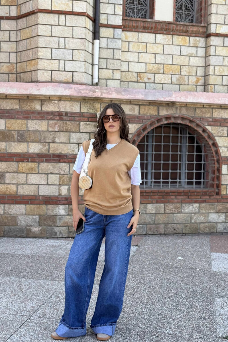 ONE COLOR V NECK WOMEN VEST LIGHT BROWN/KAZB - 10