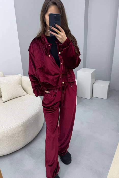 ONE COLOR VELVET JACKET+TROUSERS WOMEN SET BURGUNDY/VISHNJE - 2