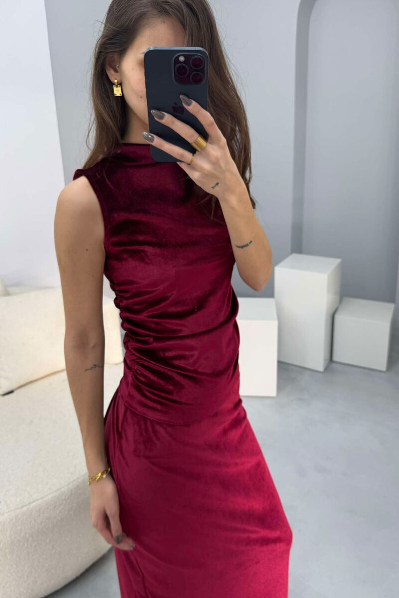 ONE COLOR VELVET TANK TOP+SKIRT WOMEN SET BURGUNDY/VISHNJE - 2