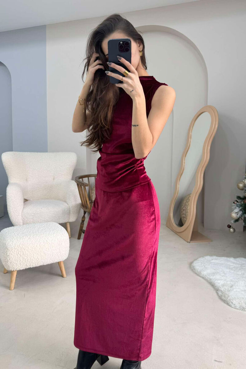 ONE COLOR VELVET TANK TOP+SKIRT WOMEN SET BURGUNDY/VISHNJE - 3