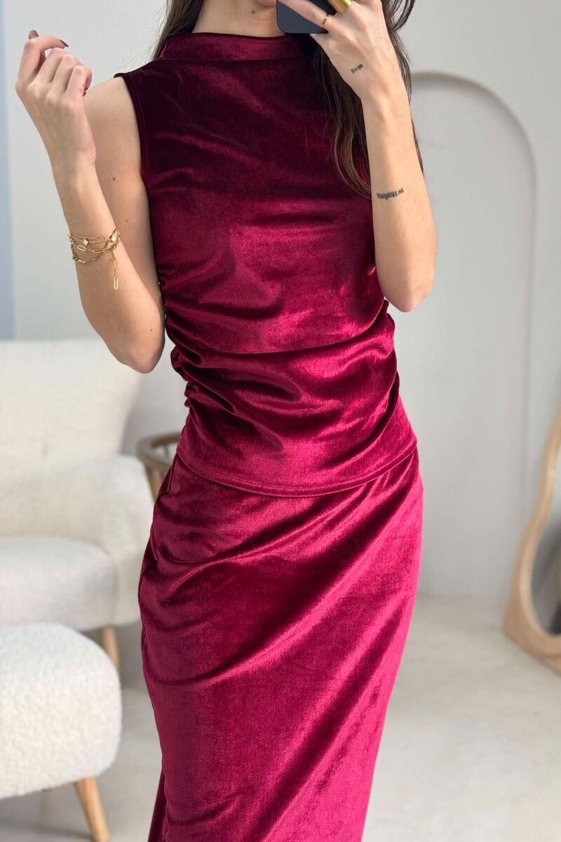 ONE COLOR VELVET TANK TOP+SKIRT WOMEN SET BURGUNDY/VISHNJE - 4