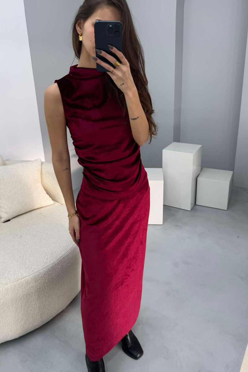 ONE COLOR VELVET TANK TOP+SKIRT WOMEN SET BURGUNDY/VISHNJE - 5