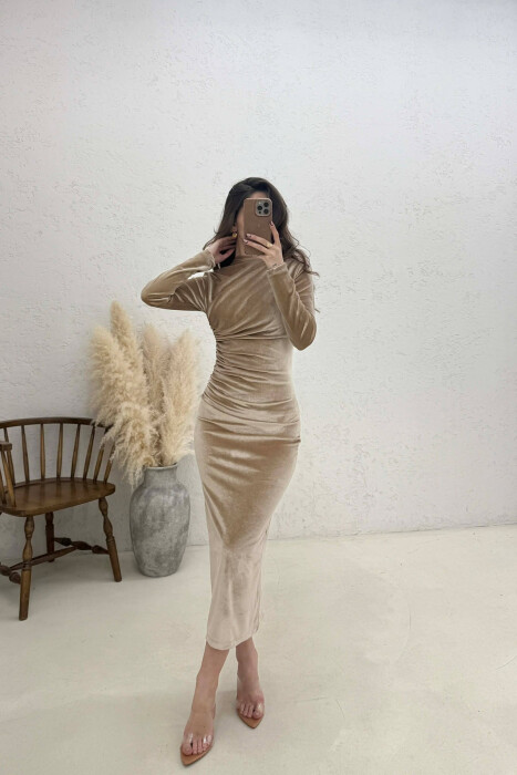 ONE COLOR VELVET WOMAN DRESS BEIGE/BEZHE - 1