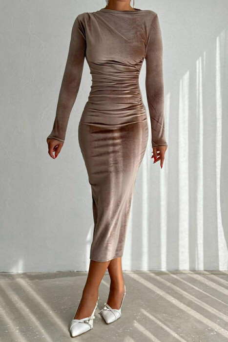 ONE COLOR VELVET WOMAN DRESS BROWN/KAFE 