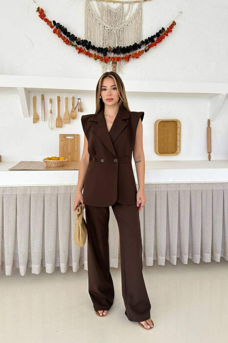 ONE COLOR VEST + TROUSERS WOMAN SET BROWN/KAFE - KLAUDIO FASHION
