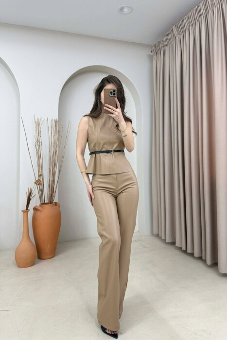 ONE COLOR VEST+TROUSERS LEATHER WOMEN SET BEIGE/BEZHE - 1
