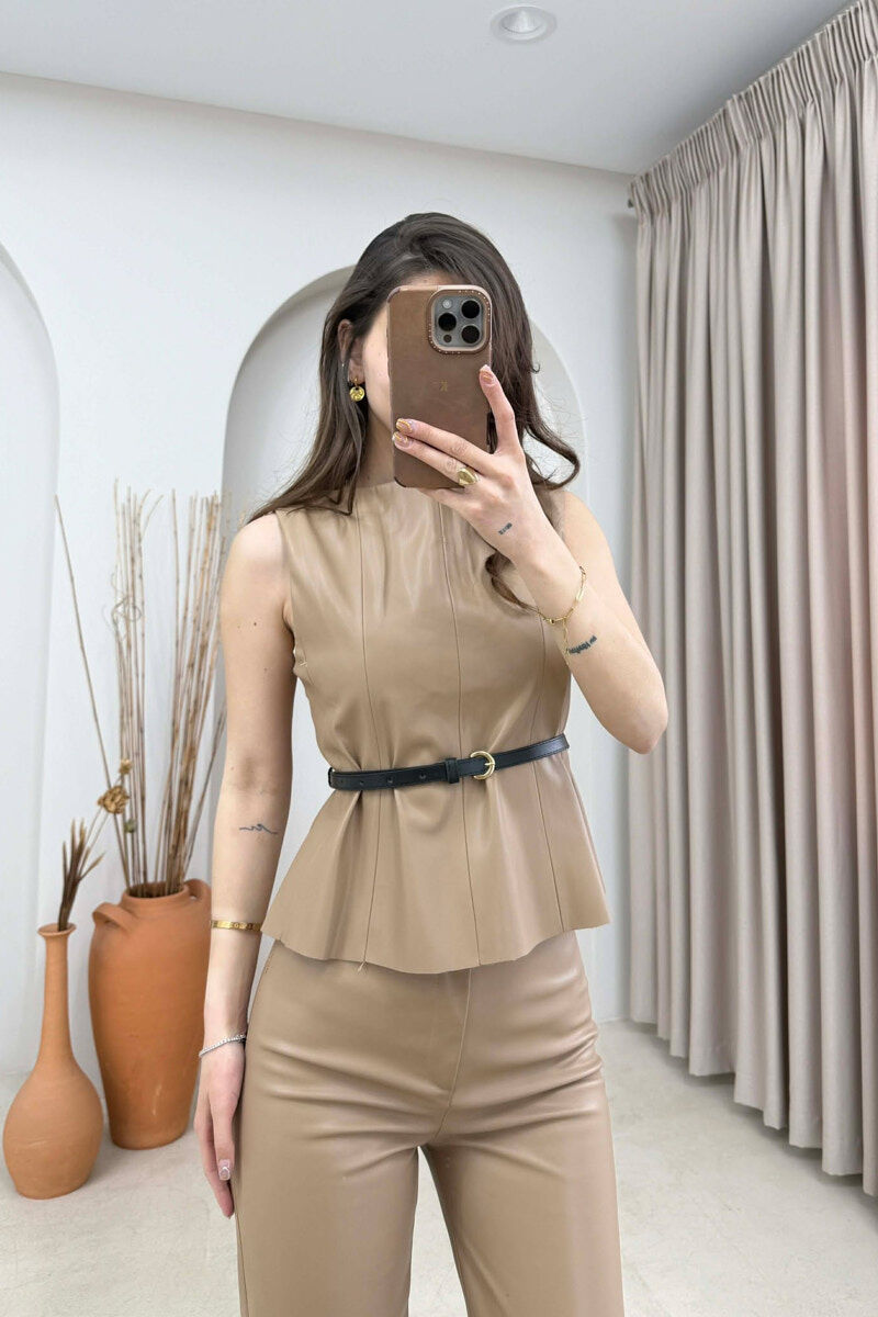 ONE COLOR VEST+TROUSERS LEATHER WOMEN SET BEIGE/BEZHE - 2