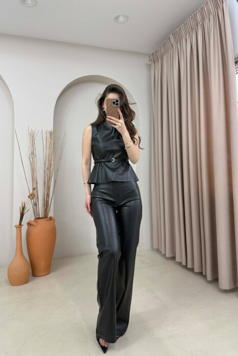 ONE COLOR VEST+TROUSERS LEATHER WOMEN SET BLACK/ E ZEZE 
