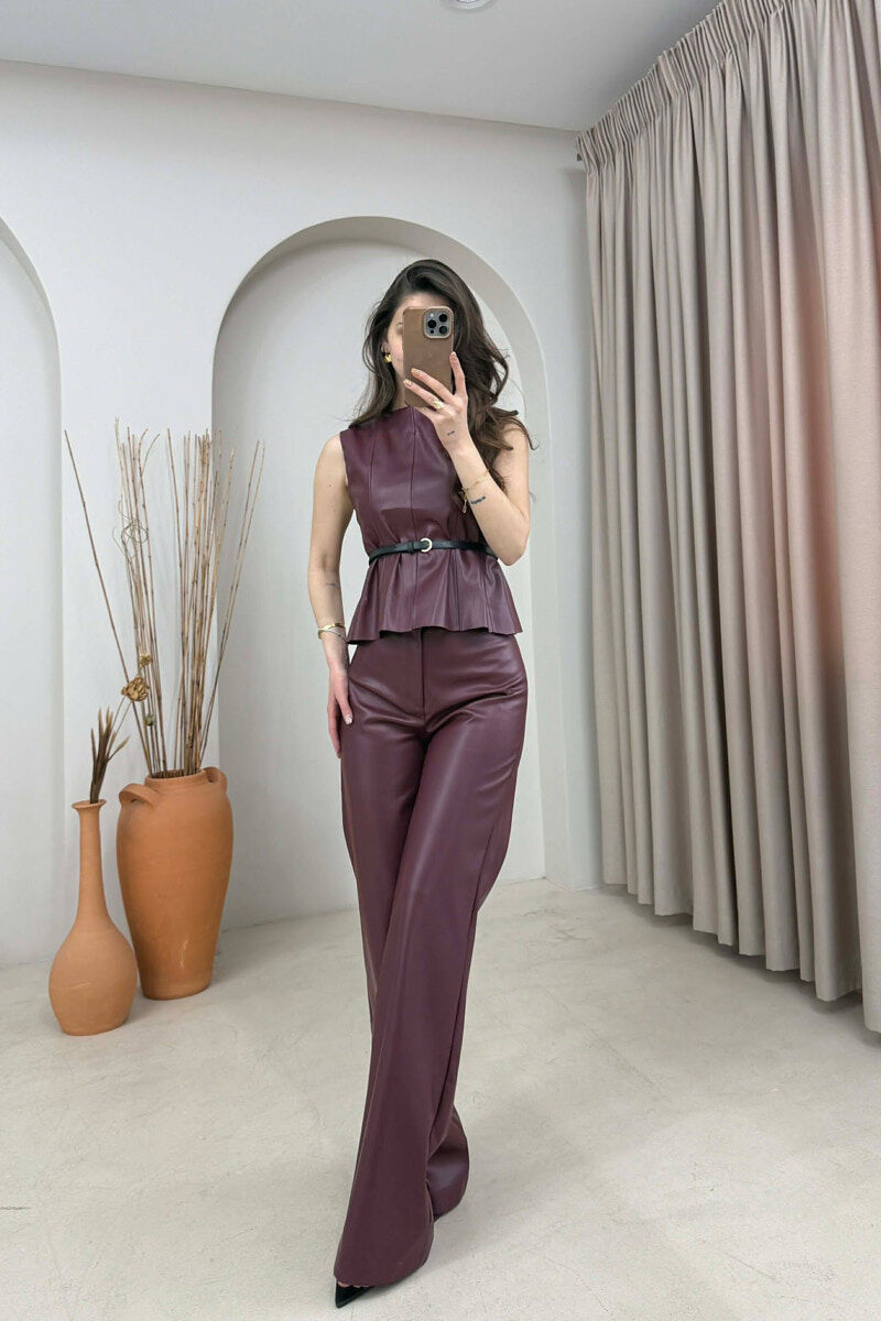 ONE COLOR VEST+TROUSERS LEATHER WOMEN SET BURGUNDY/VISHNJE - 1
