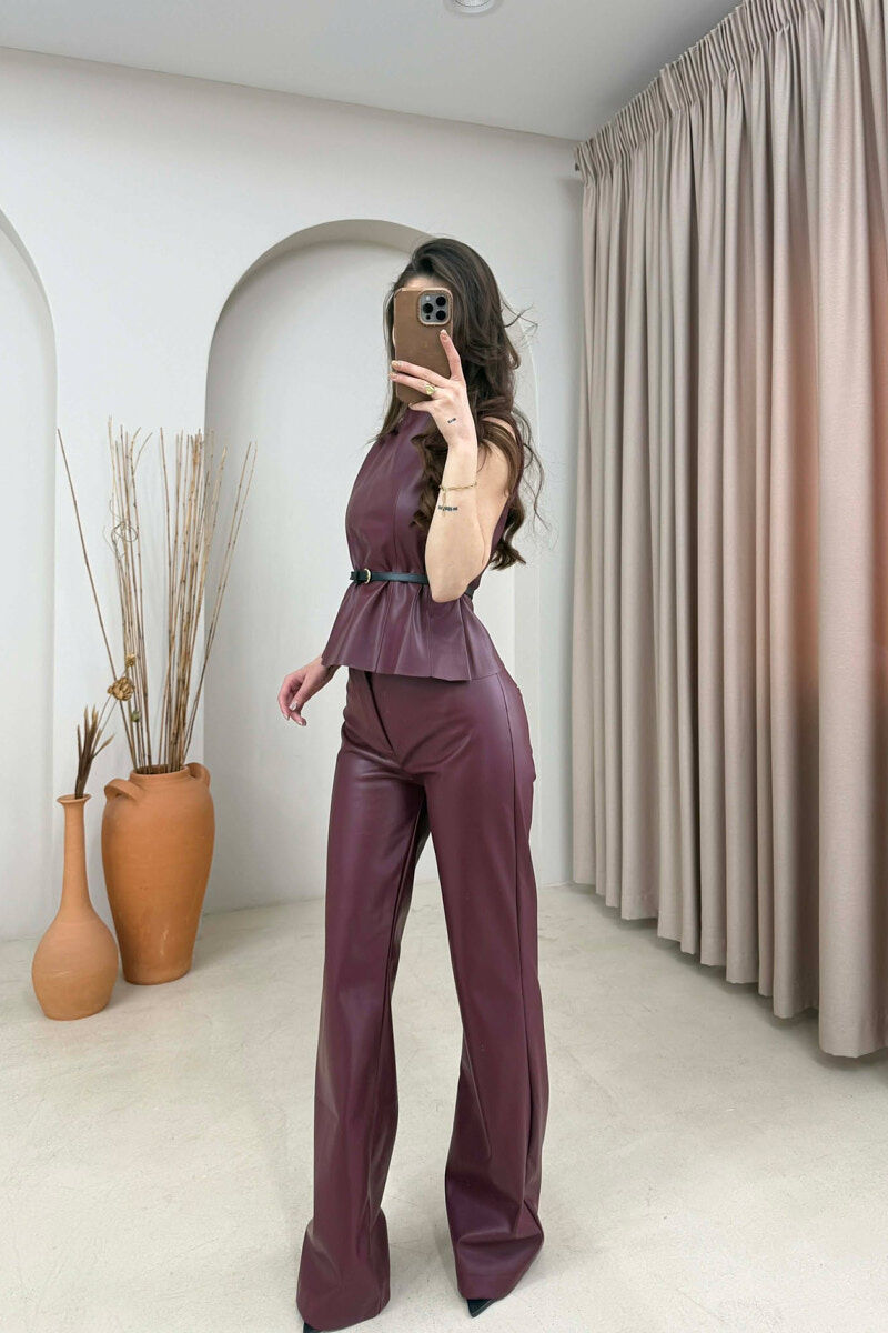 ONE COLOR VEST+TROUSERS LEATHER WOMEN SET BURGUNDY/VISHNJE - 2