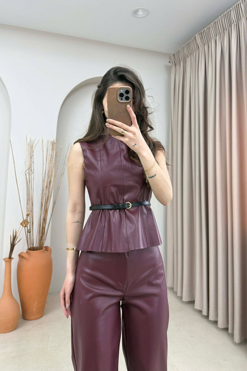 ONE COLOR VEST+TROUSERS LEATHER WOMEN SET BURGUNDY/VISHNJE - 3