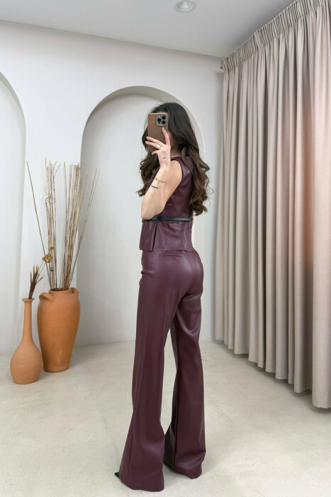 ONE COLOR VEST+TROUSERS LEATHER WOMEN SET BURGUNDY/VISHNJE - 5