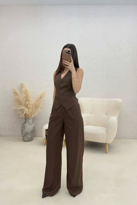 ONE COLOR VEST+TROUSERS WOMEN SET LIGHT BROWN/KAZB - KLAUDIO FASHION