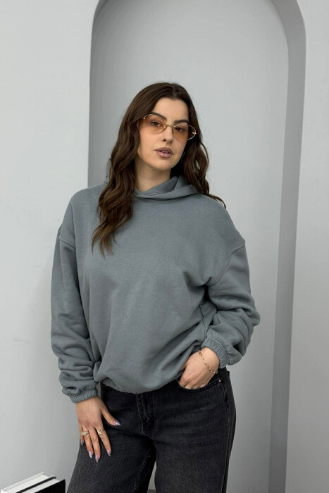 ONE COLOR WAISTBAND FLUFFY WOMEN HOODIE GREY/GRI - 
