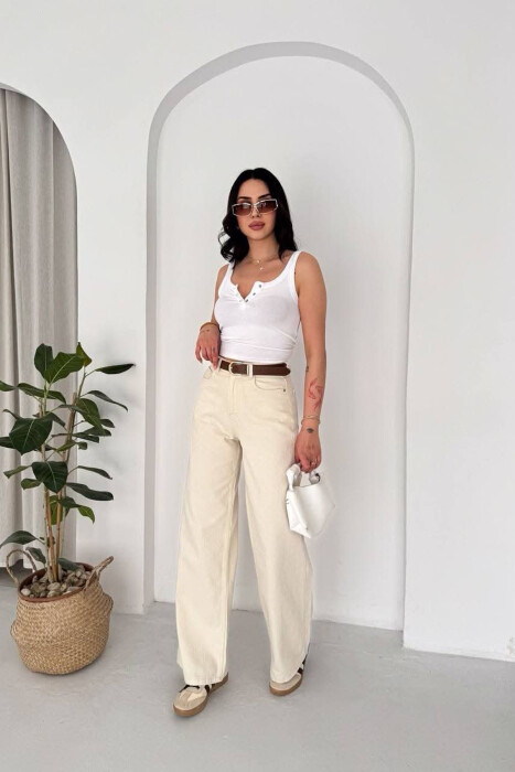 ONE COLOR WIDE LEG BELT DETAIL WOMAN JEANS CREAM/KREM - 4