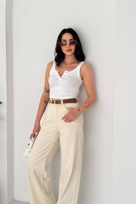 ONE COLOR WIDE LEG BELT DETAIL WOMAN JEANS CREAM/KREM - 6