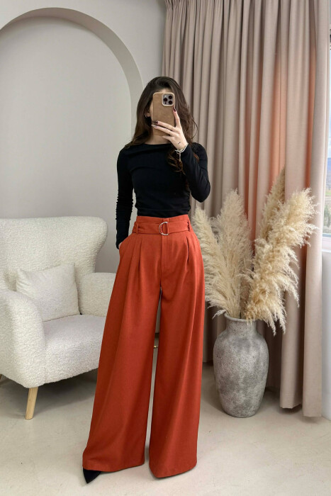 ONE COLOR WIDE LEG BELT DETAIL WOMEN TROUSERS BRICK/TULLE - KLAUDIO FASHION