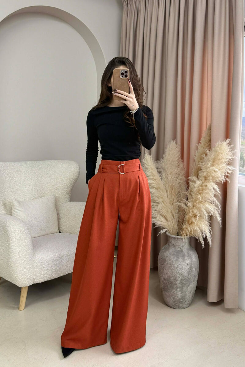 ONE COLOR WIDE LEG BELT DETAIL WOMEN TROUSERS BRICK/TULLE - 1