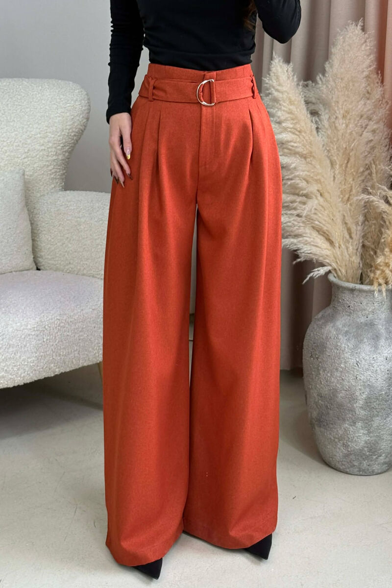 ONE COLOR WIDE LEG BELT DETAIL WOMEN TROUSERS BRICK/TULLE - 3