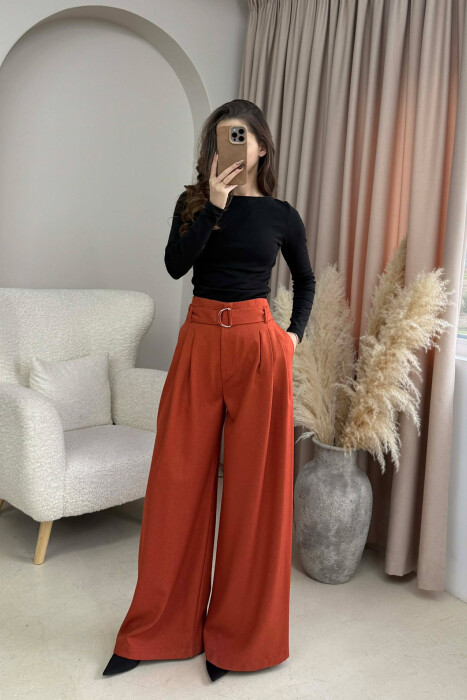 ONE COLOR WIDE LEG BELT DETAIL WOMEN TROUSERS BRICK/TULLE - 2