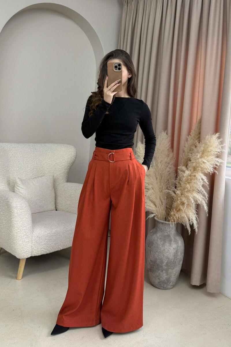 ONE COLOR WIDE LEG BELT DETAIL WOMEN TROUSERS BRICK/TULLE - 2