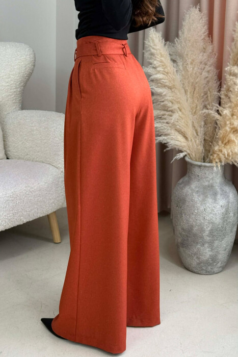 ONE COLOR WIDE LEG BELT DETAIL WOMEN TROUSERS BRICK/TULLE - 4