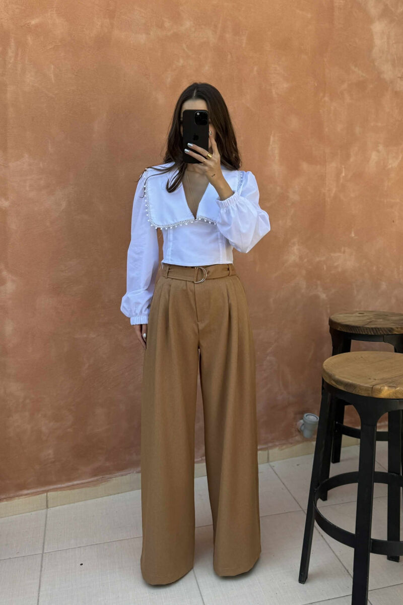 ONE COLOR WIDE LEG BELT DETAIL WOMEN TROUSERS BROWN/KAFE - 1