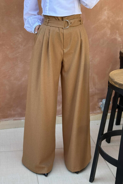 ONE COLOR WIDE LEG BELT DETAIL WOMEN TROUSERS BROWN/KAFE - 2
