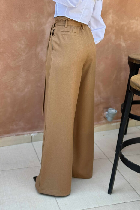 ONE COLOR WIDE LEG BELT DETAIL WOMEN TROUSERS BROWN/KAFE - 3