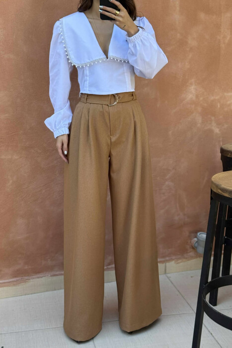 ONE COLOR WIDE LEG BELT DETAIL WOMEN TROUSERS BROWN/KAFE - 4